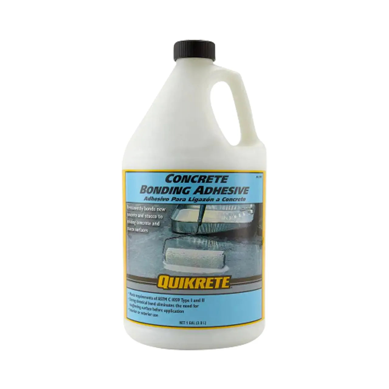 A 1 gal. container of Go Build, The Fastest Way To Build Concrete Bonding Adhesive features a blue and yellow label with an image of a paint roller applying adhesive to concrete.